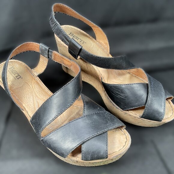 Born Venetia B83603 Cork Wedge Platform Sandals Women Black Shoes Sz 9M/W IN8116 - Picture 1 of 12